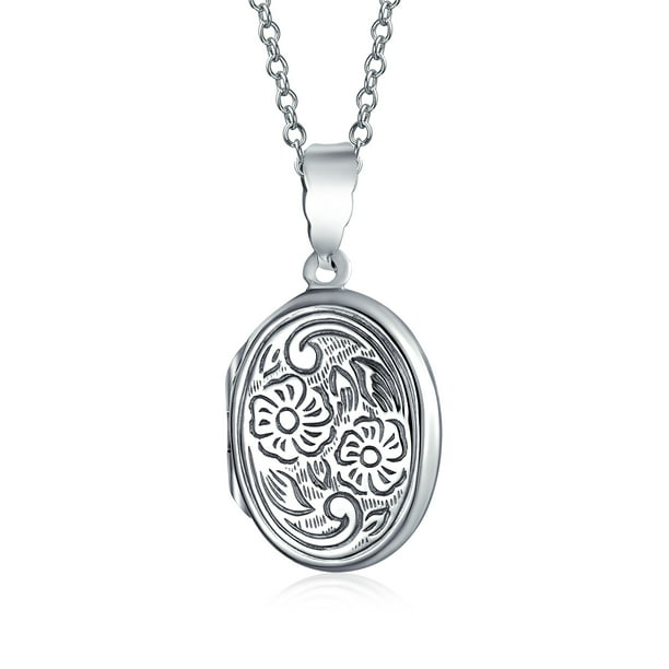 Sterling Silver Embossed Heart Oval Locket Necklace 